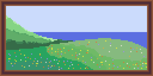 a pixel-art landscape of a hill covered in wildflowers. a body of water is visible in the background.